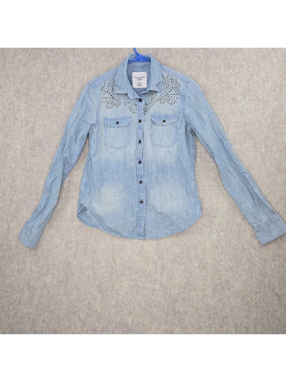 American Eagle Outfitters Womens Denim Button-Up Shirt Light Blue XS Embellished